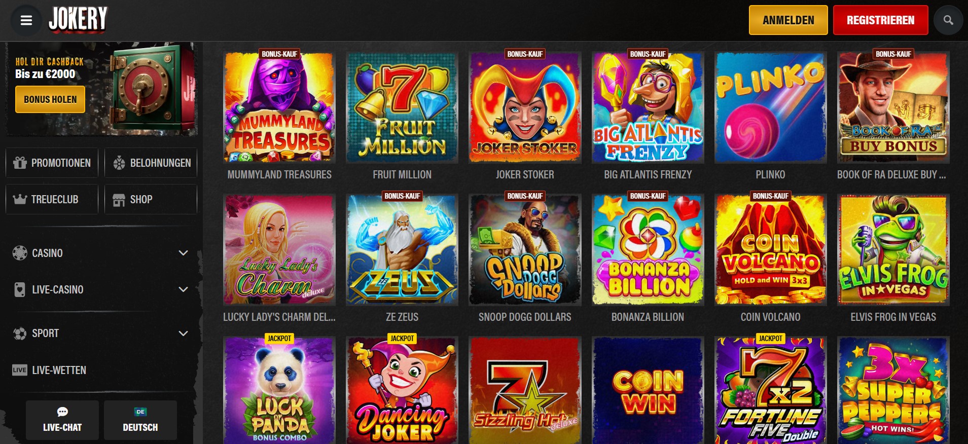 Jokery Online Casino ohne OASIS Website mit bunten Spielautomaten wie Mummyland Treasures, Plinko, Book of Gold Multichance und Zeus 2 im Rasterlayout.